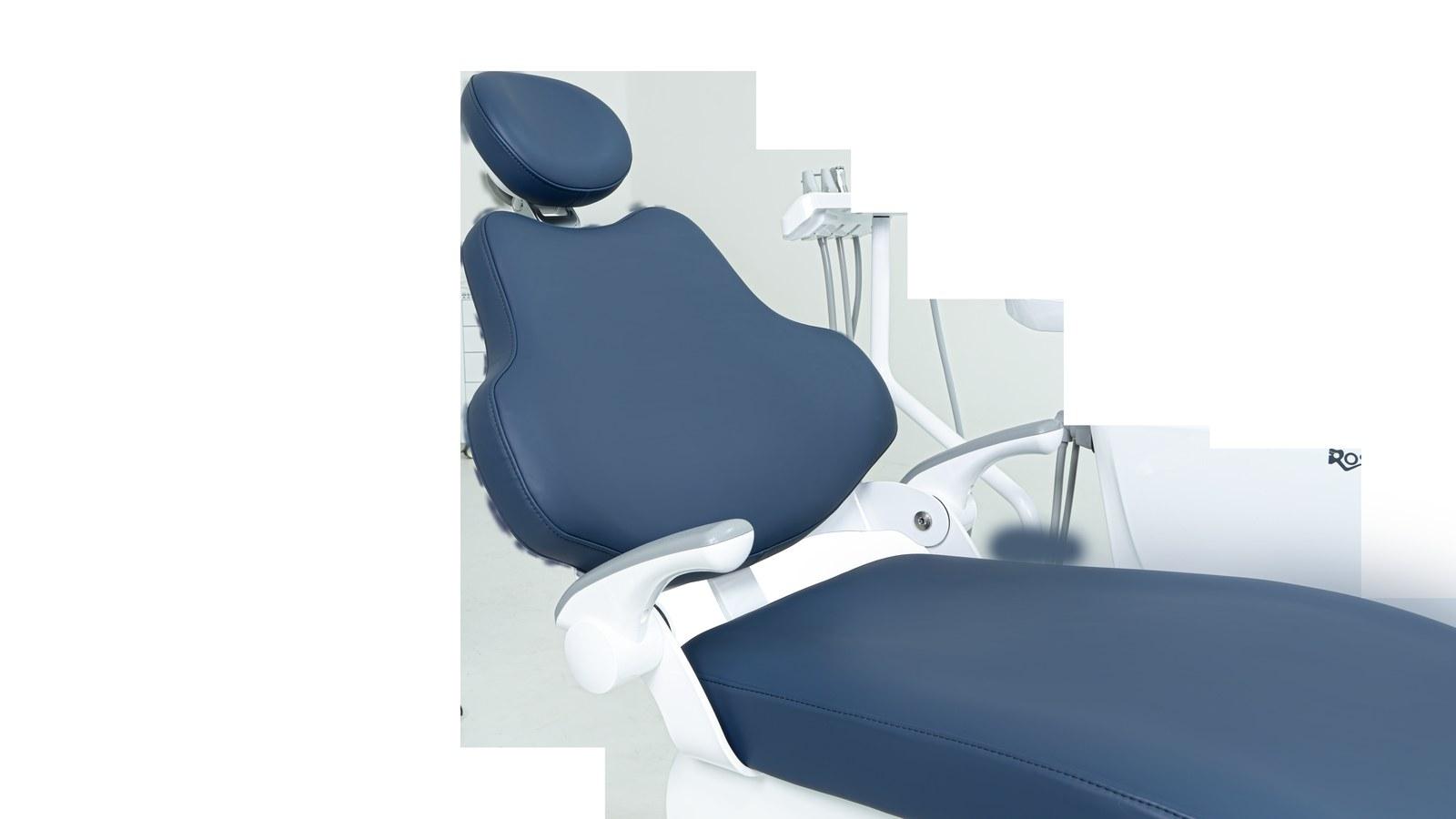 A1 Pro headrest detail — navy silicone leather upholstery