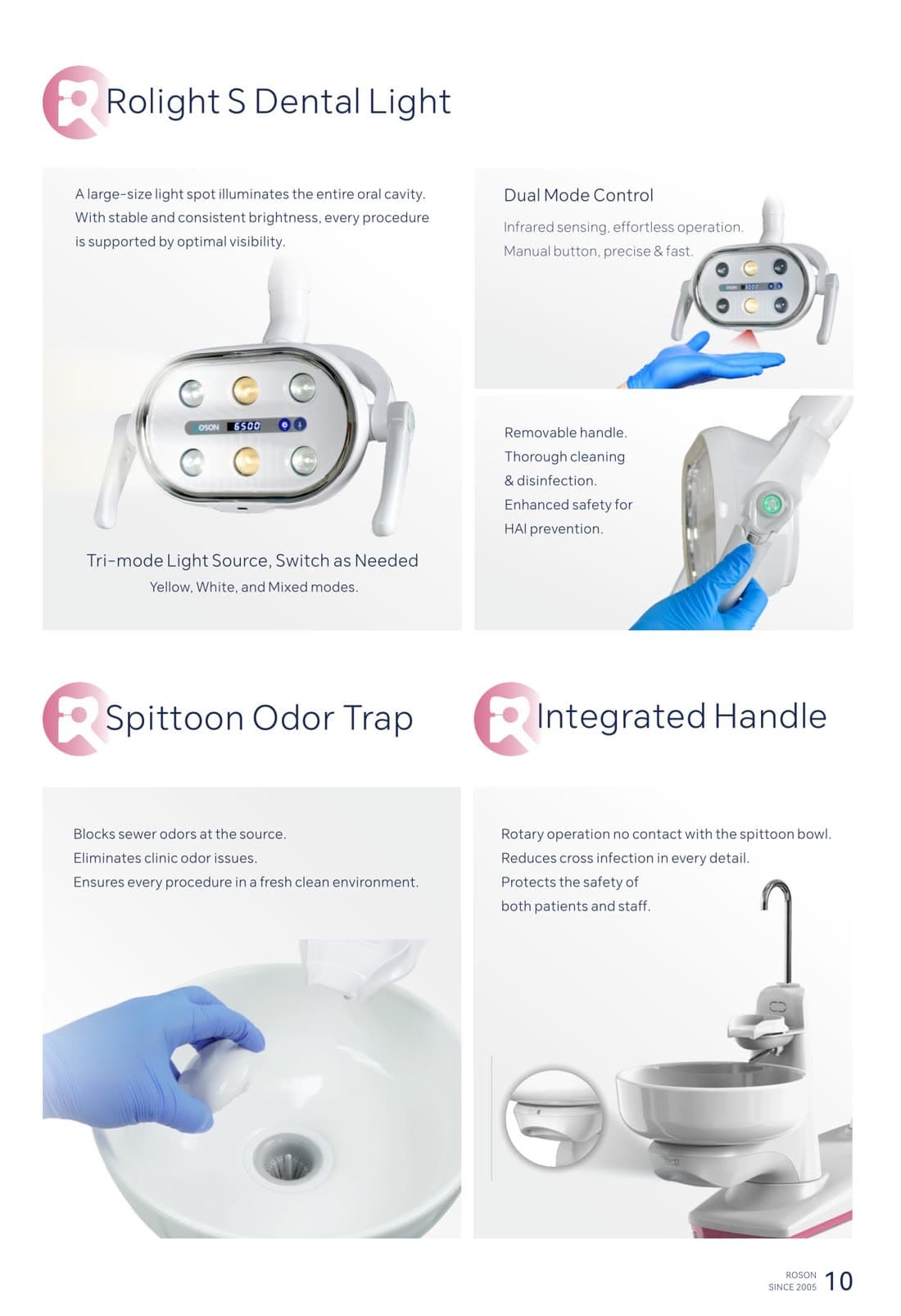Rolight S dental light, spittoon odor trap, and integrated handle