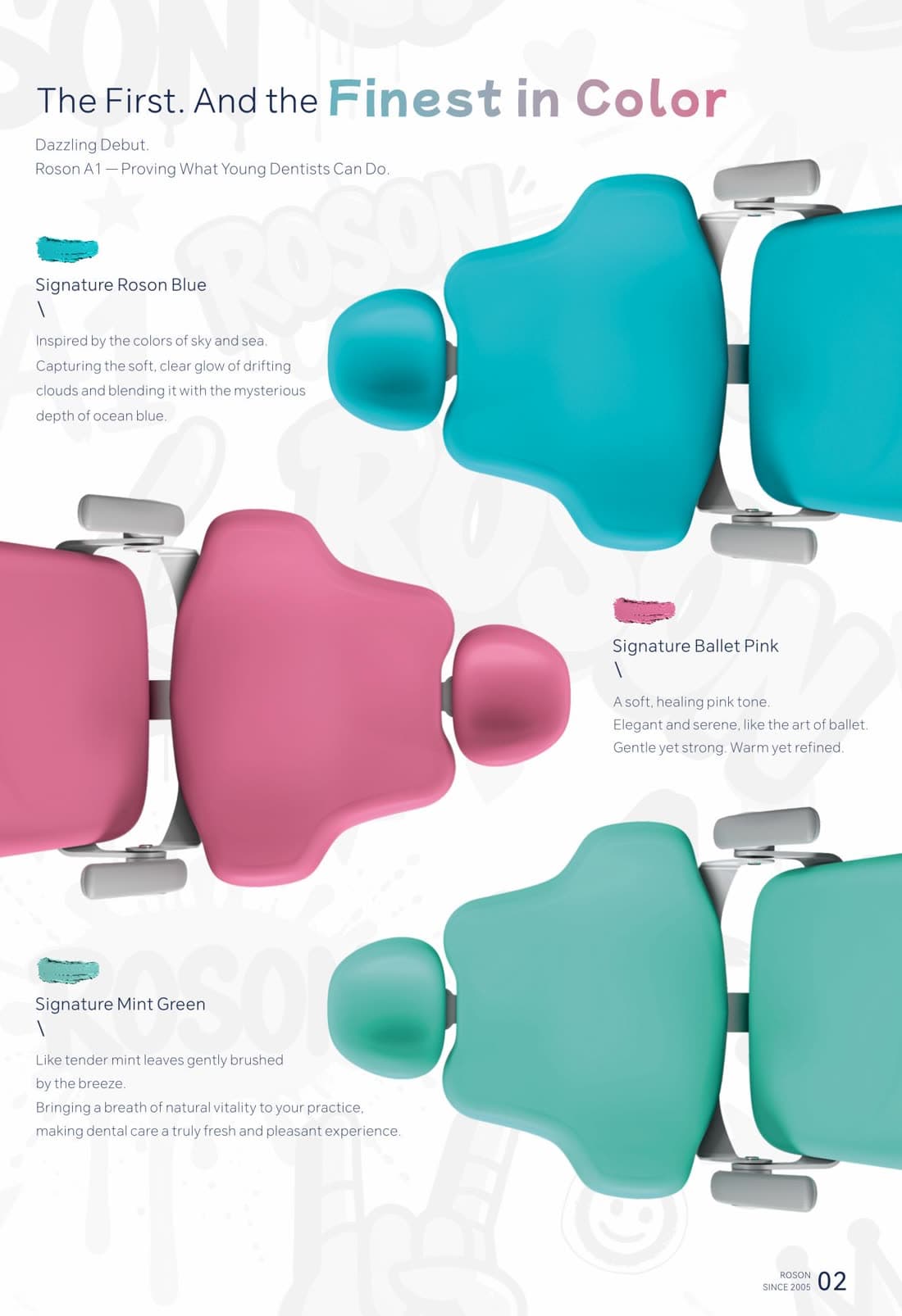 The three A1 signature colors — ROSON Blue, Ballet Pink, Mint Green
