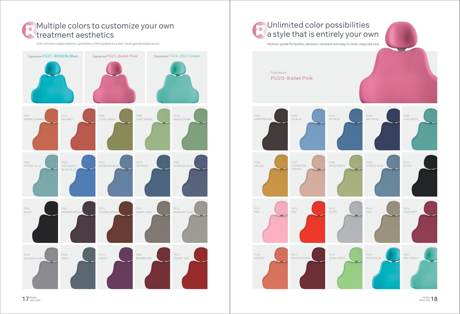 The full upholstery palette — soft silicone rubber leather and medical-grade PU