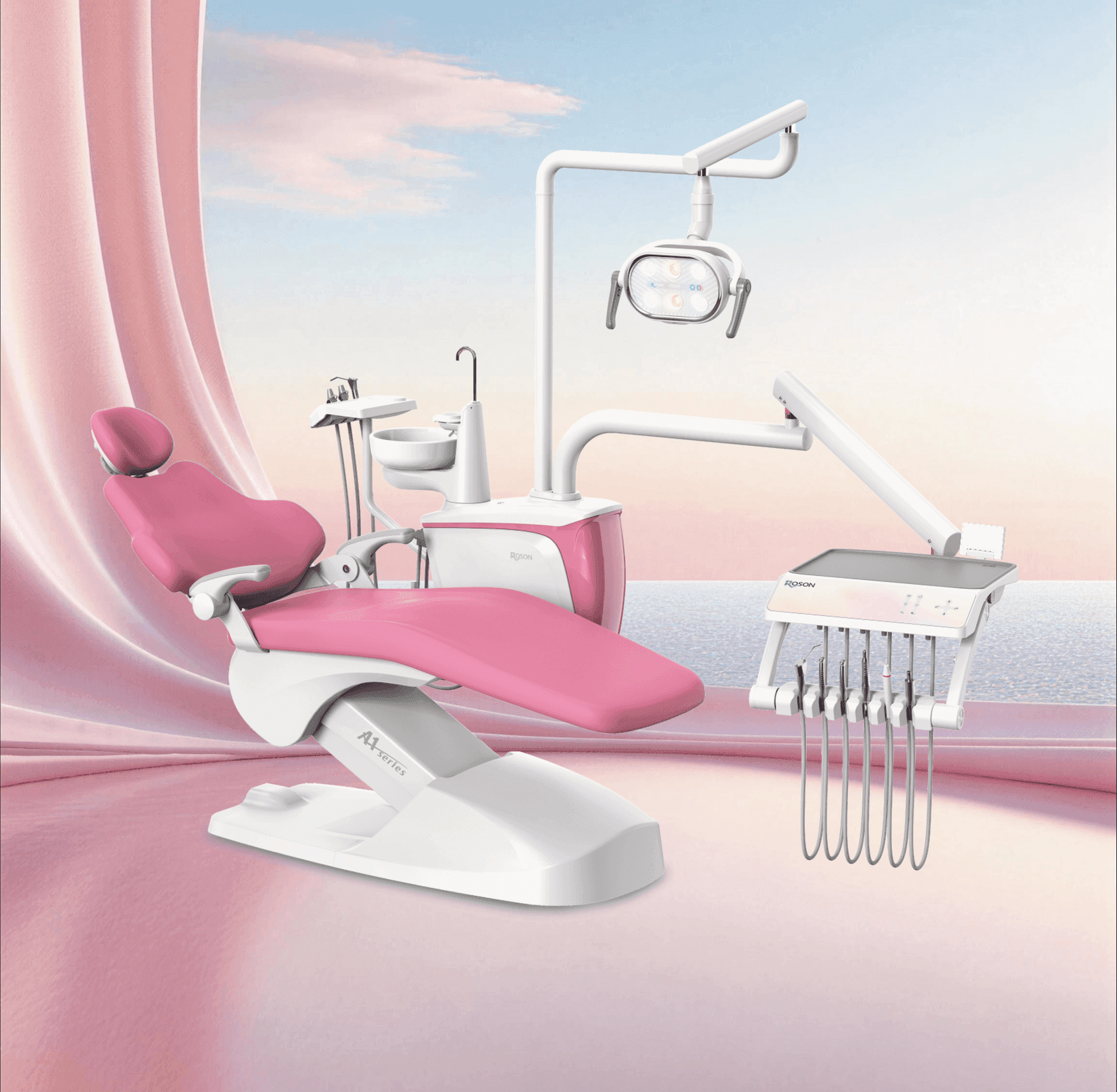 ROSON A1 Pro dental unit in Ballet Pink amid soft studio curtains