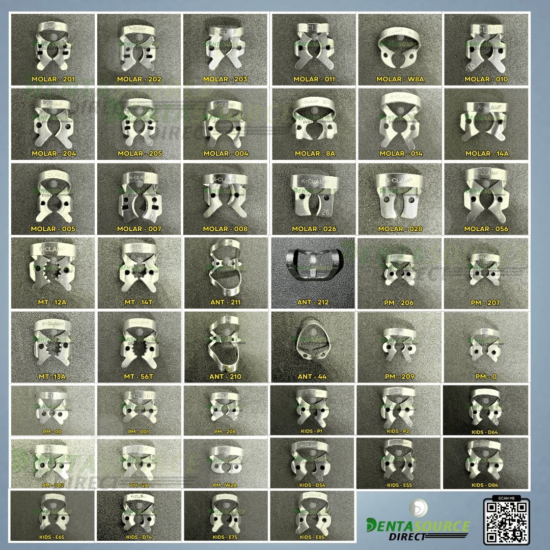 The whole K-Clamp family on one sheet, grouped molar, partially erupted, premolar, anterior and kids