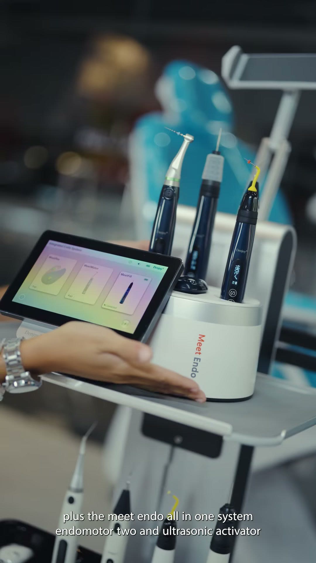 The Meet Endo touchscreen with the devices seated in the dock