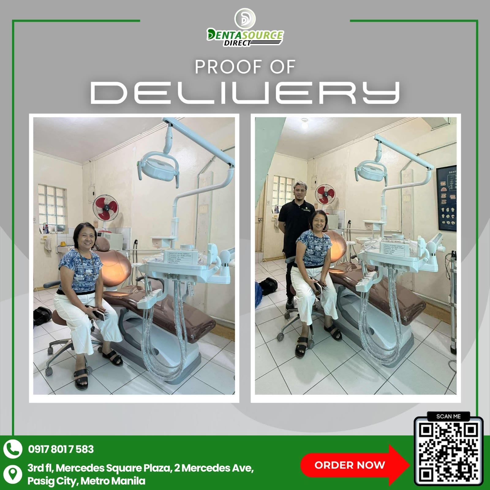 The dentist on her stool beside the new brown ROSON chair, and with our technician