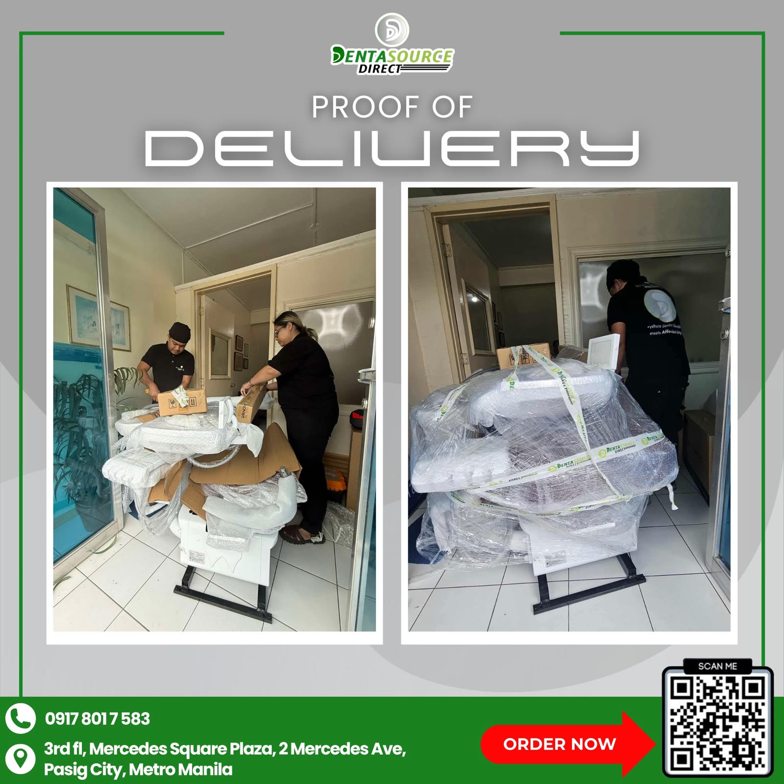 Our crew unpacking cartons in the clinic corridor beside the wrapped unit