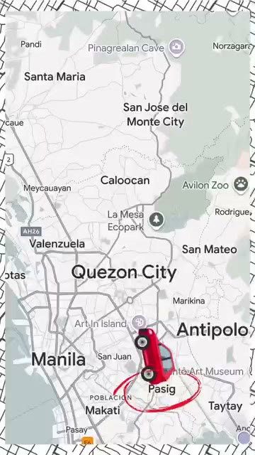 Map animation tracing the route from Pasig north to Sta. Maria