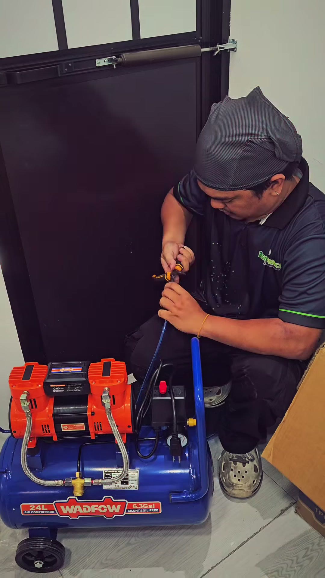 Connecting the compressor line to the new dental chair