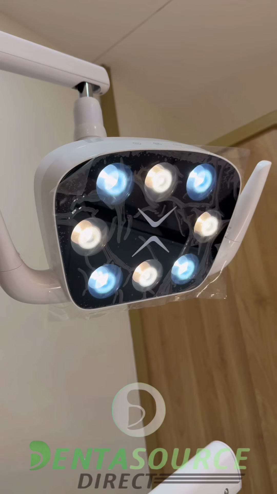 Close view of the LED operating light with bulbs lit