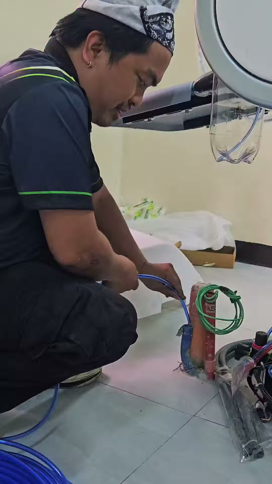 Wiring at the base of the dental chair during installation