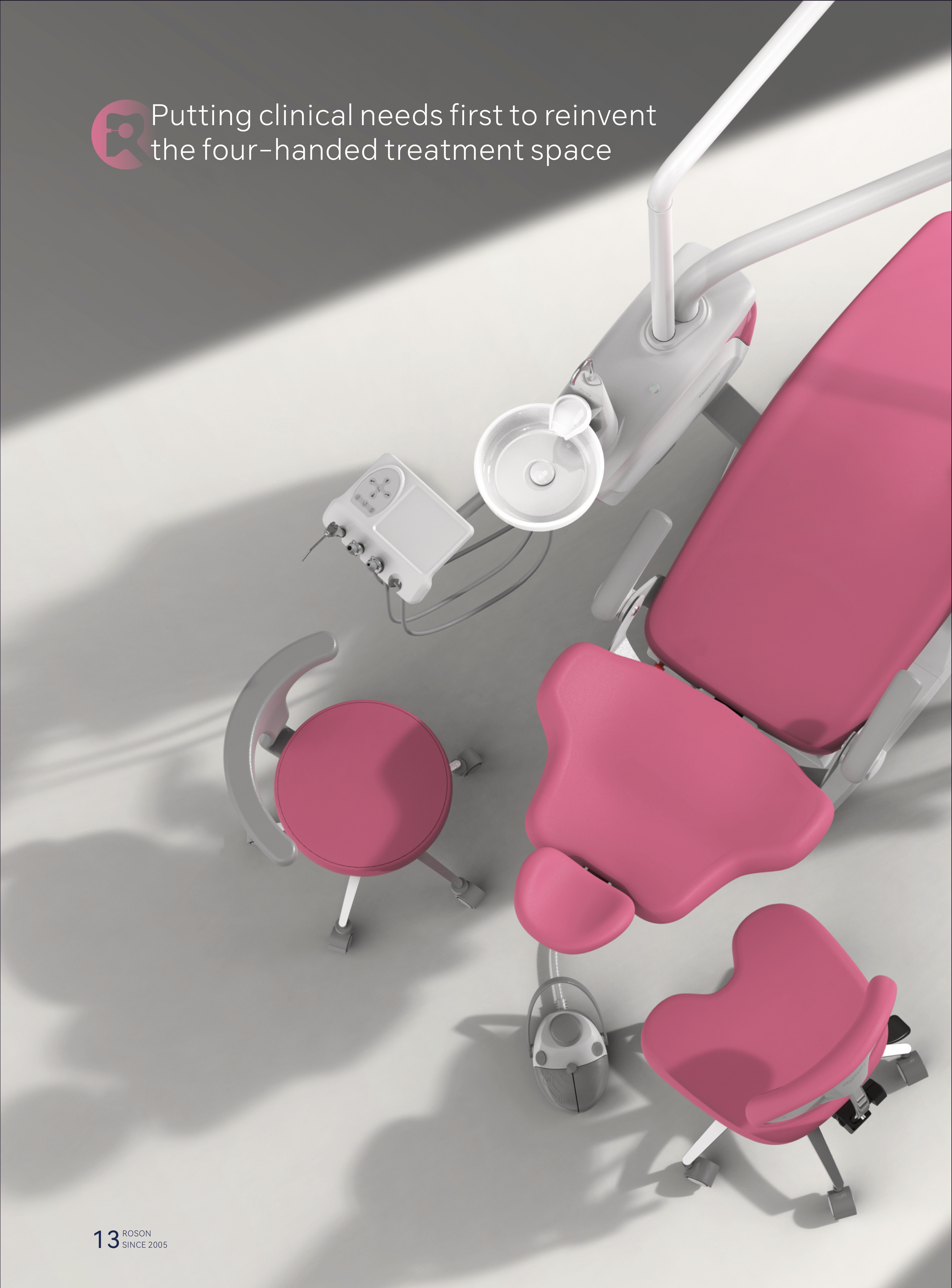 ROSON A1 Pro four-handed treatment space — top-down view of Ballet Pink chair with dentist and assistant positions, instrument tray geometry
