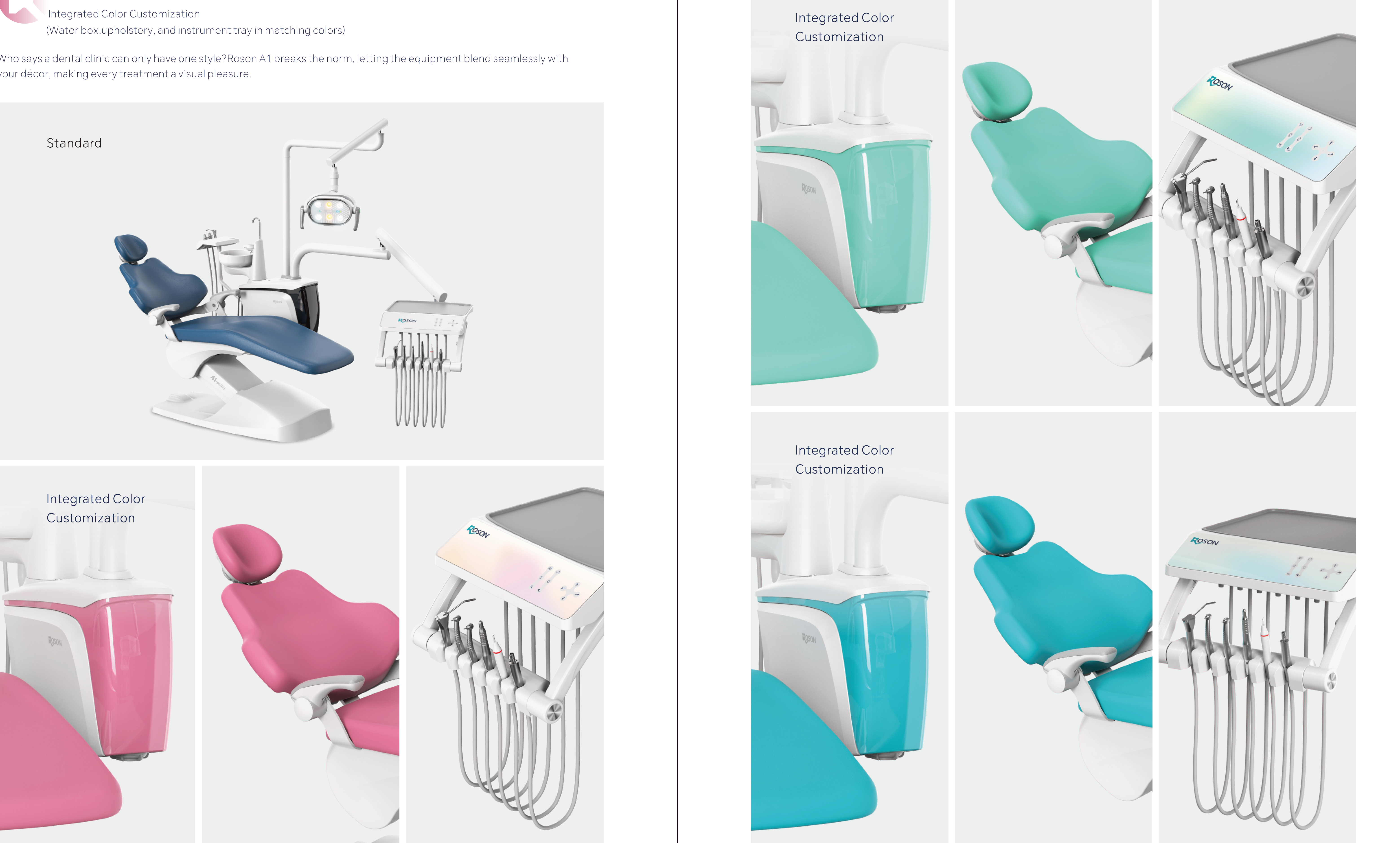 ROSON A1 Pro integrated color customization — water box, upholstery, and instrument tray color-matched as a set