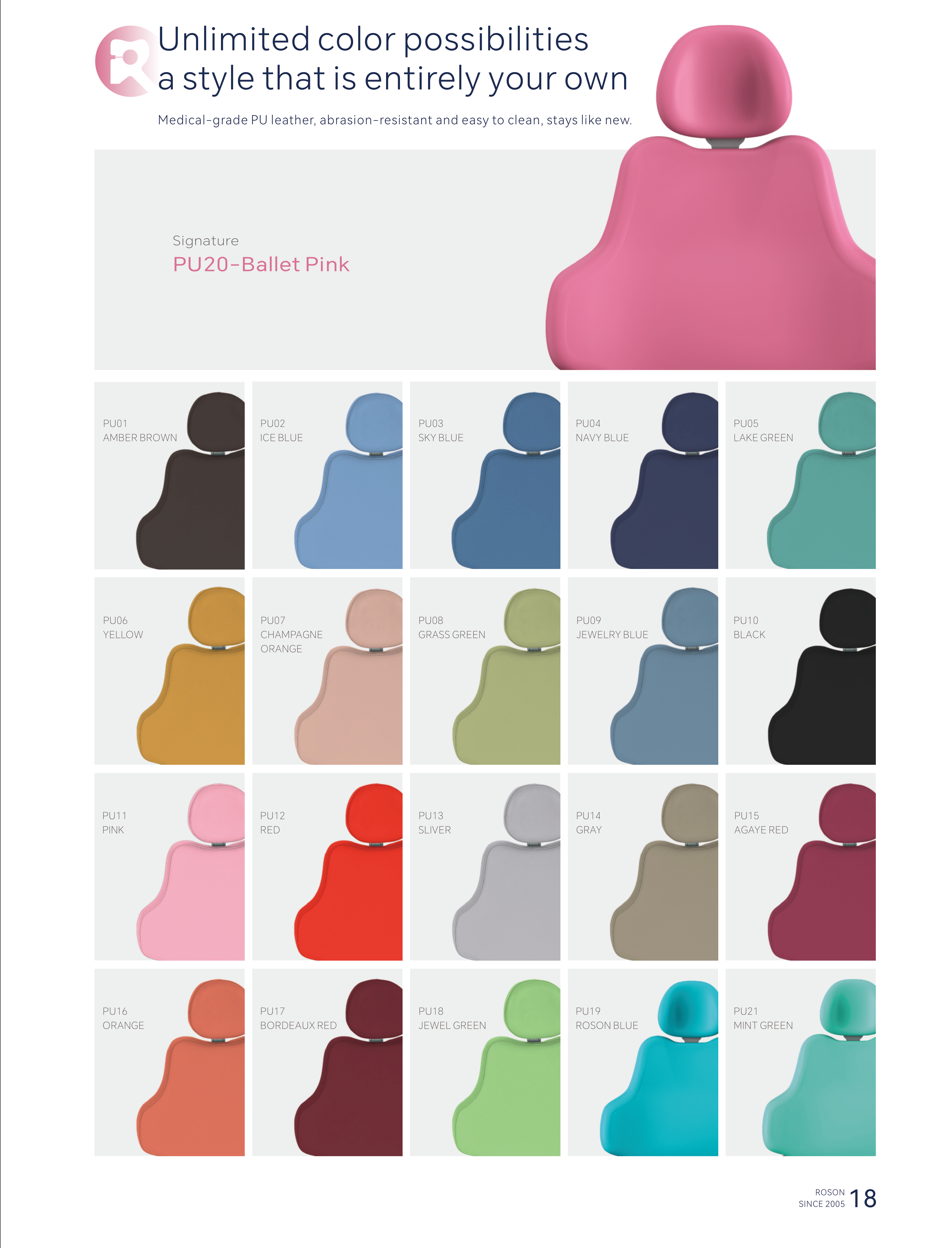 A1 Pro PU leather color chart — 21 medical-grade PU leather options (PU series)